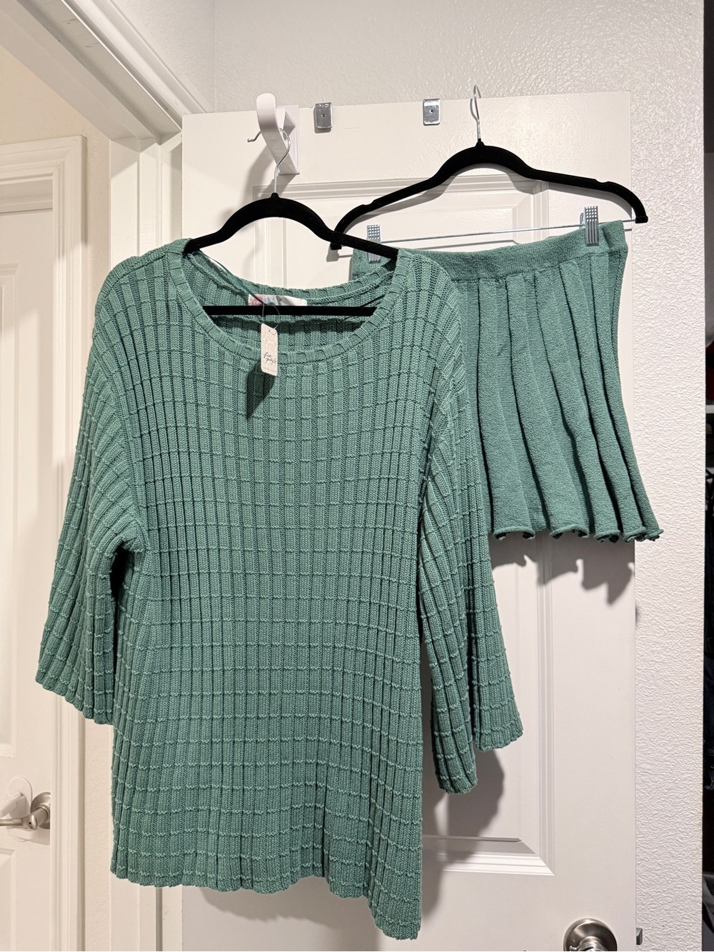 Free People Beach Kenzie Sweater and Skirt Set in Frosty Spruce Green Sz L NWT